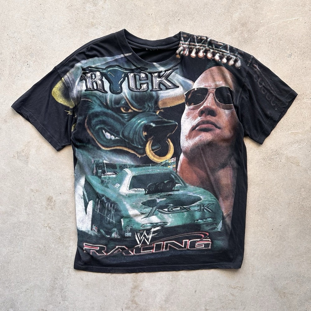 Vintage 2000 WWF Racing "The Rock" NASCAR Wrestling T-Shirt Size XL AOP